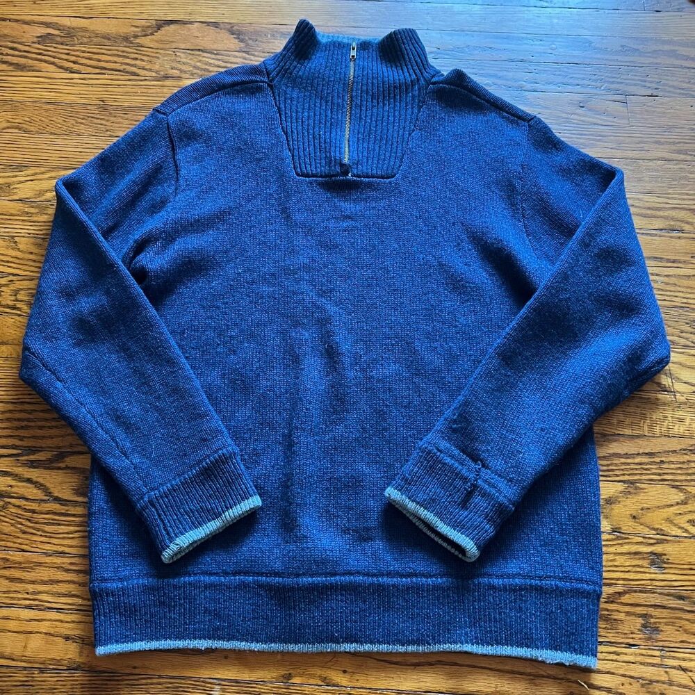 Irelands Eye Men's L 100% Merino Wool Quarter Zip Sweater Blue Made ireland